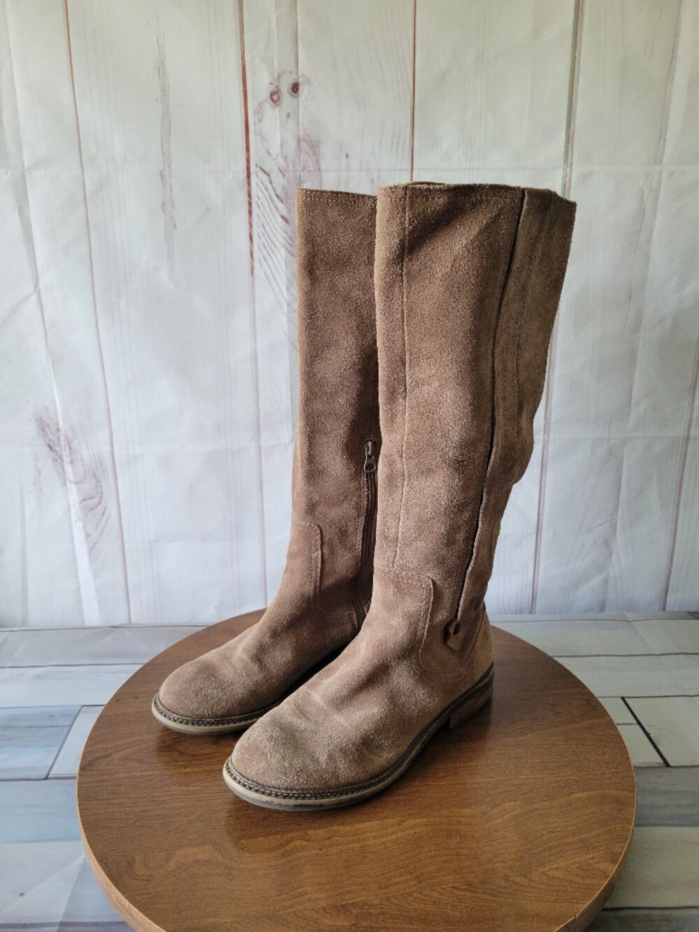 Calvin Klein Raelin Tan Knee High Boots, Suede Leather, Inside ½ Zip, Women’s 8